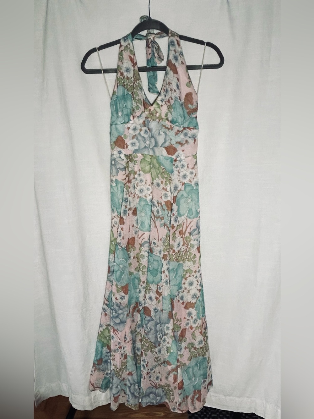 True Vintage Circa‎ 1970's Floral Halter Maxi Dress in Pastel Pink and Teal